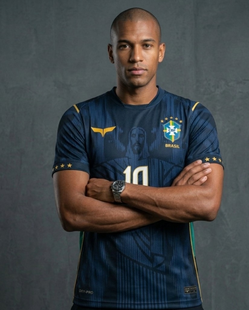 Modelo veste a camisa Brasil Alpha — pose frontal com braços cruzados, escudo CBF, Cristo em jacquard e número 10